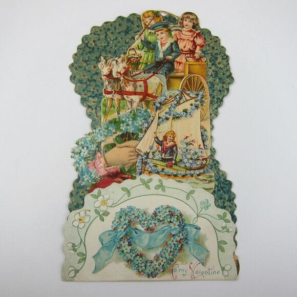 Antique Valentine Honeycomb 3D Pop Up Ship Boy Sailor Suit Girls Carriage LARGE - Picture 2 of 12